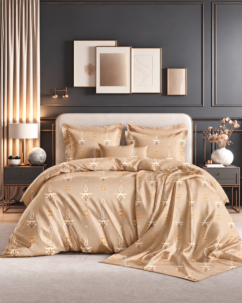 Premium Beige & Golden Traditional Print Double Bed Sheet – Glace Cotton
