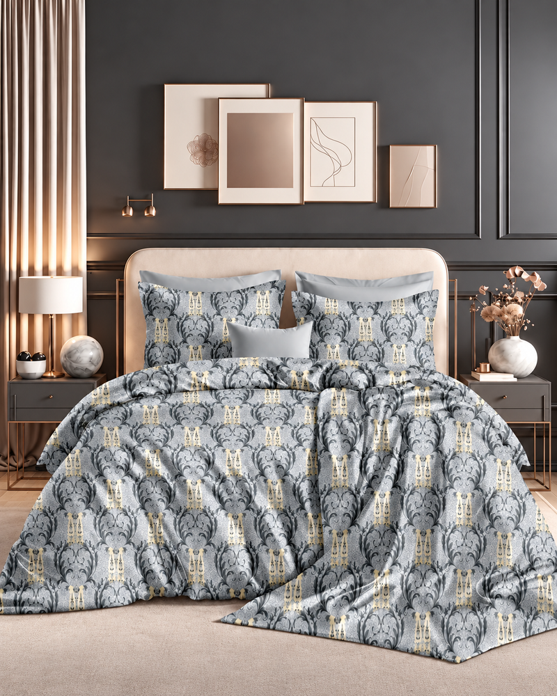 Premium Grey & Cream Traditional Print Double Bed Sheet – Super Soft Glace Cotton