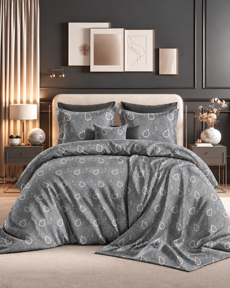 Premium Grey & Blue Floral Print Double Bed Sheet – Super Soft Glace Cotton