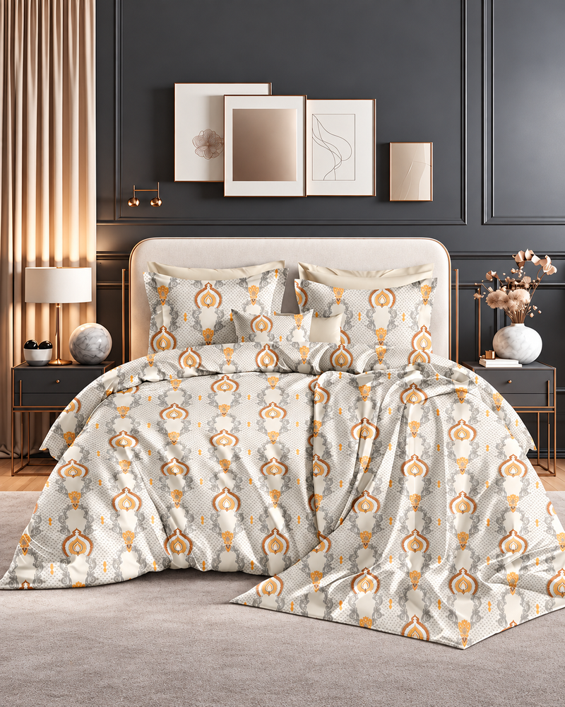 Mustard & Grey Printed Double Bedsheet Set