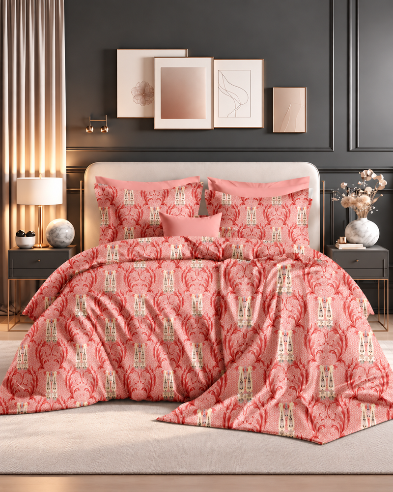 Rose Red Printed Double Bedsheet Set