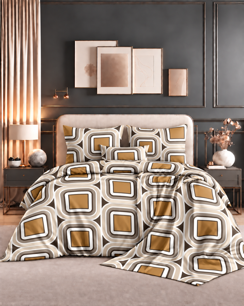 Premium Brown & Mustard Geometric Print Double Bed Sheet – Glace Cotton